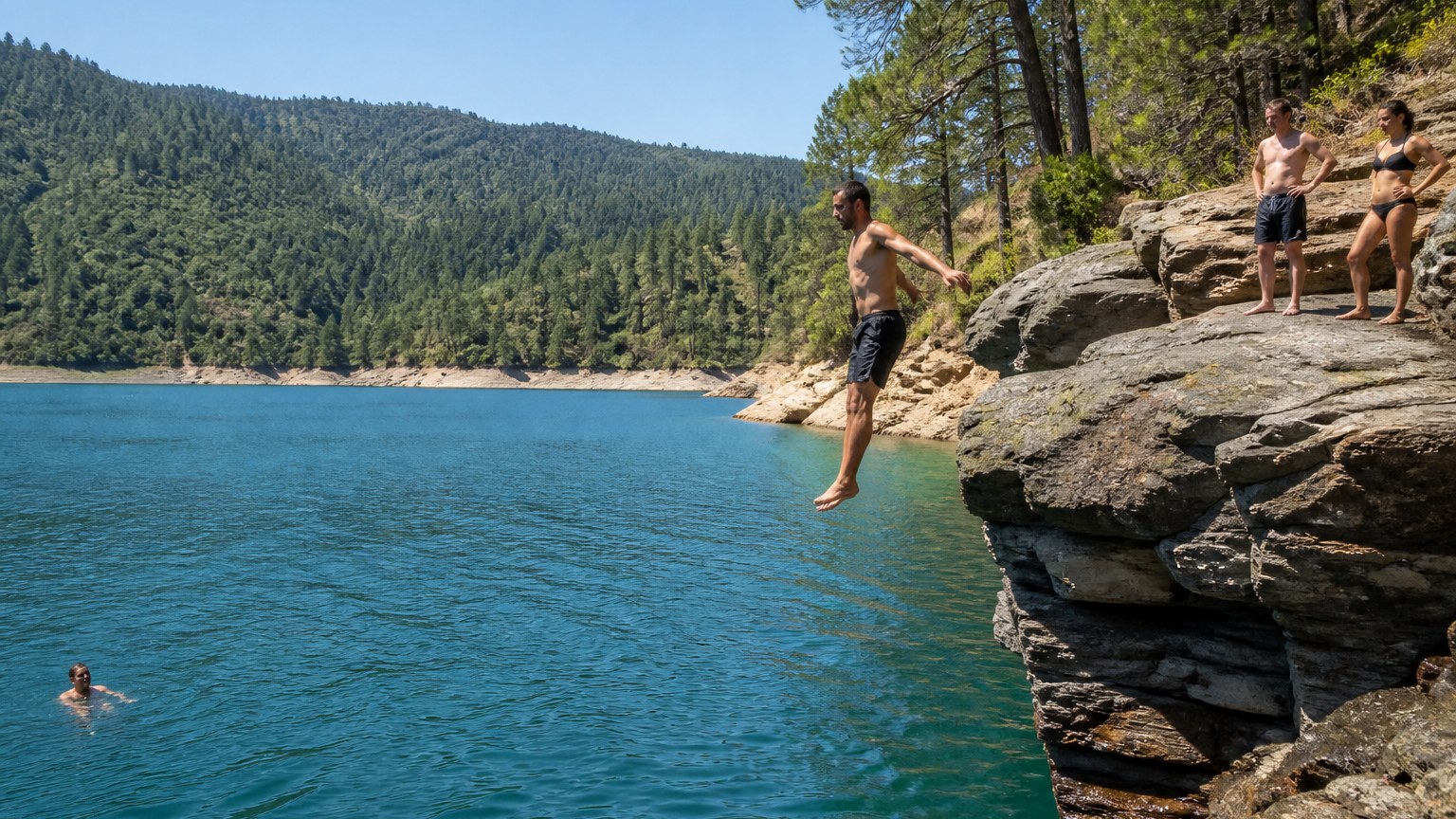 A guest jumping from a rock ledge into Lake Shasta