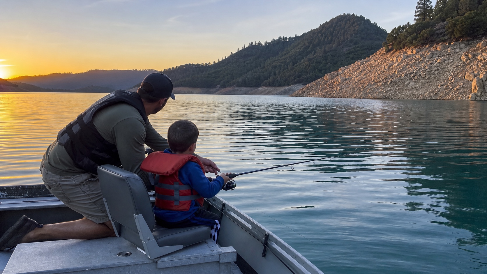 Family fishing from a boat on Lake Shasta