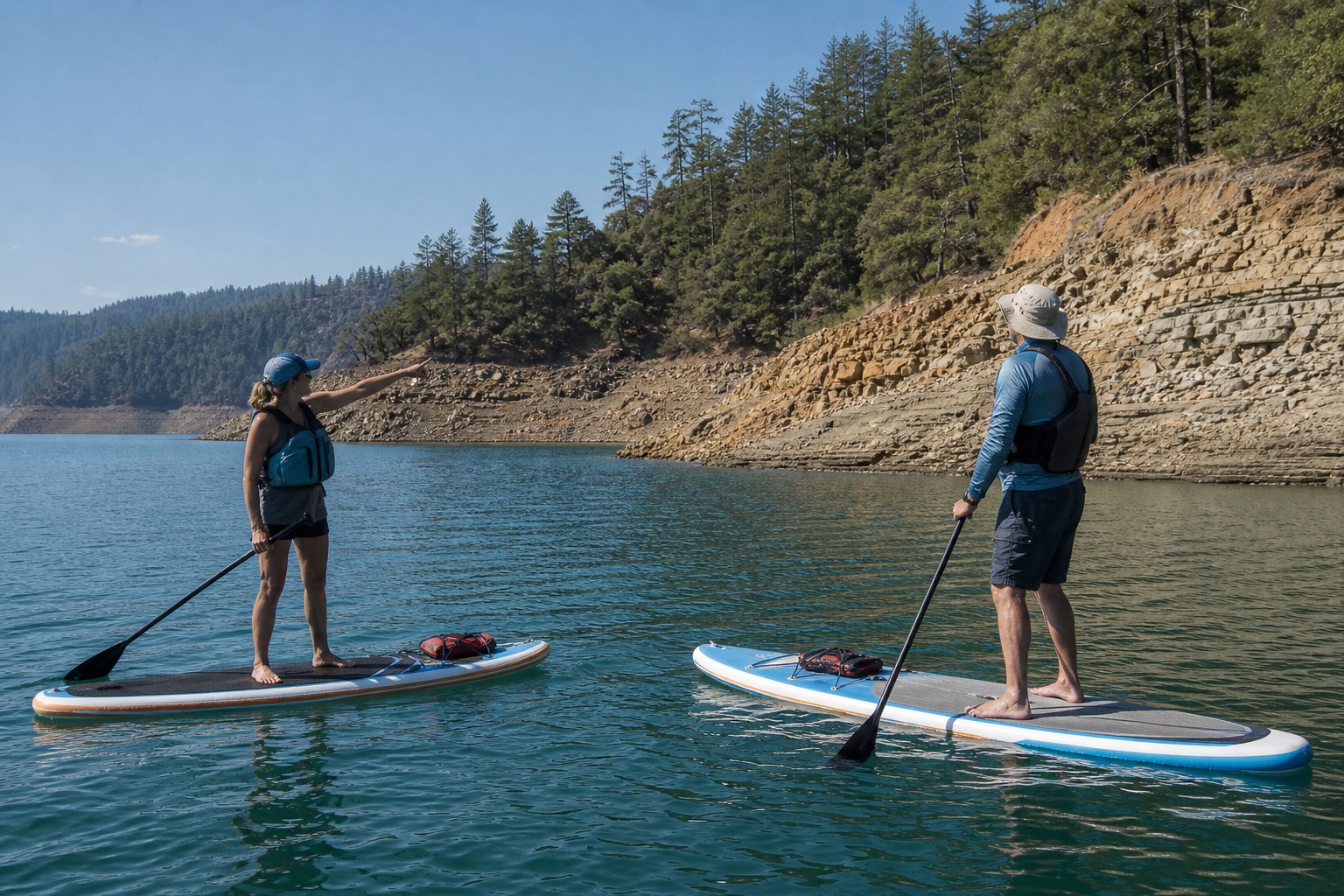 A paddleboard guide pointing out a shoreline feature on Lake Shasta