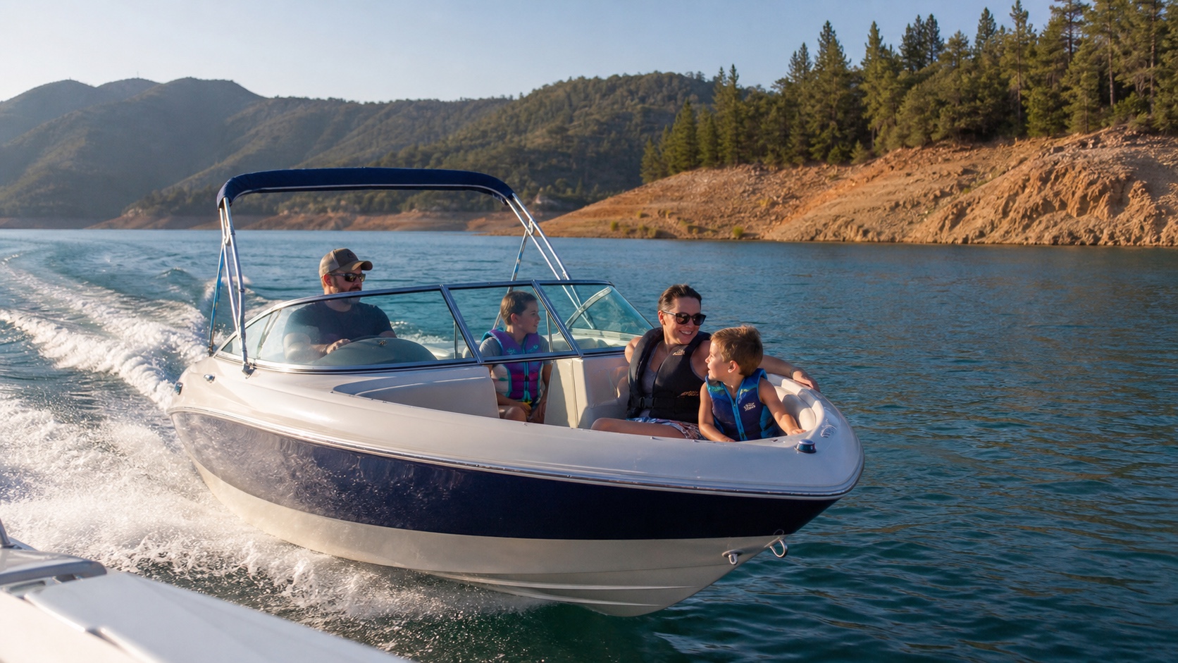 Family on a Lake Shasta speedboat