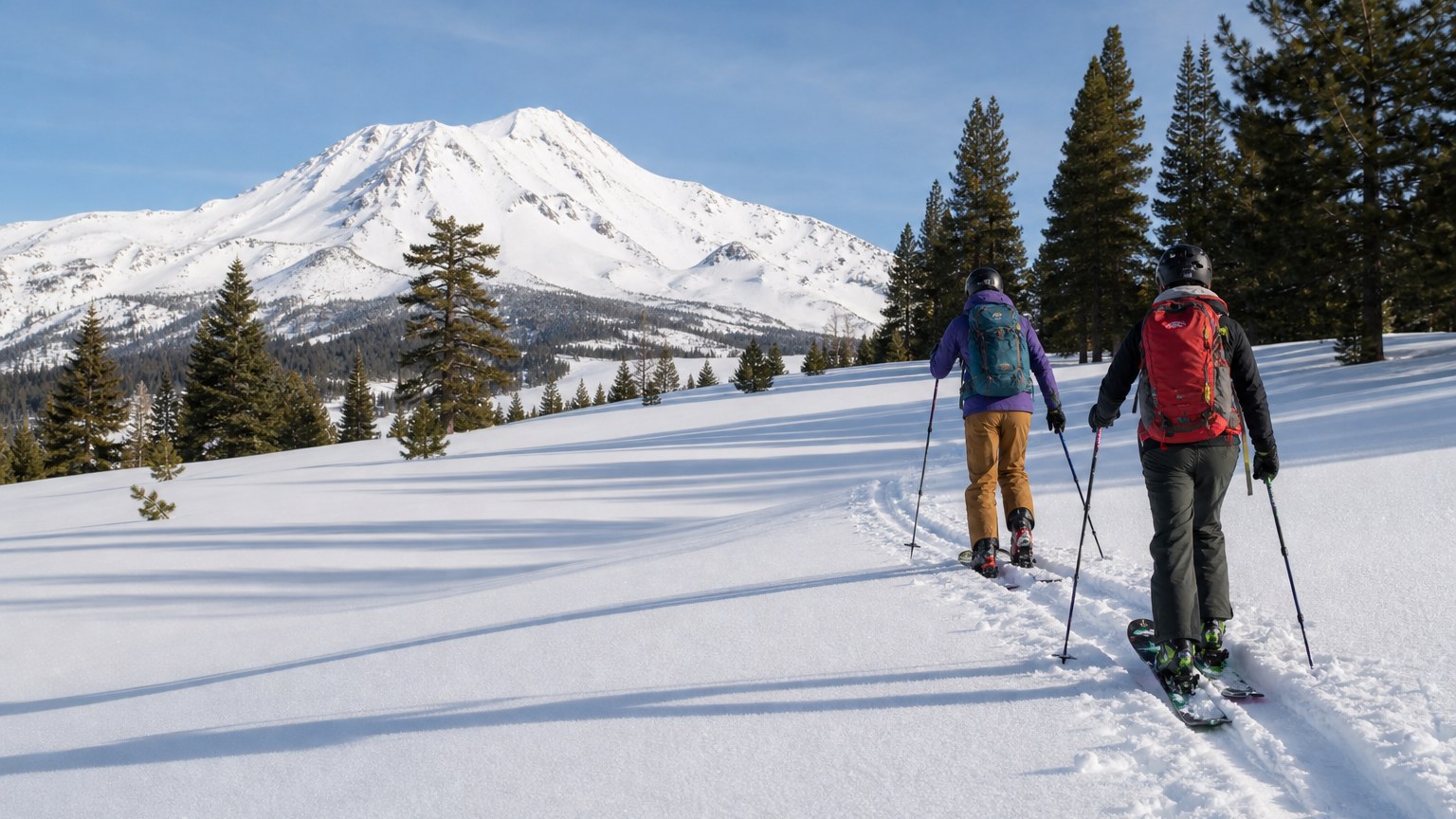 Backcountry skiers skinning toward Mount Shasta