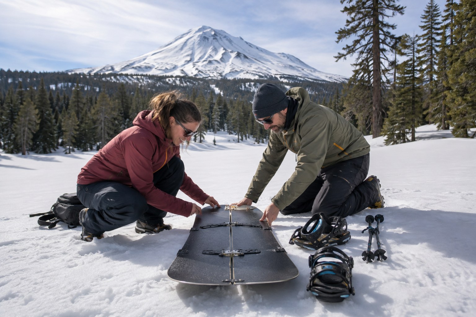 A splitboard transition below Mount Shasta