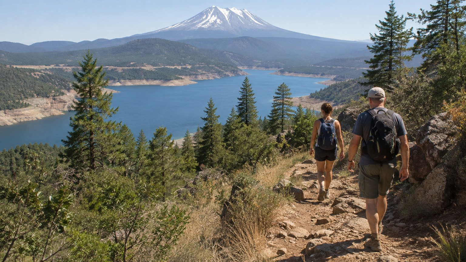 Hikers on a trail toward Lake Shasta and Mount Shasta