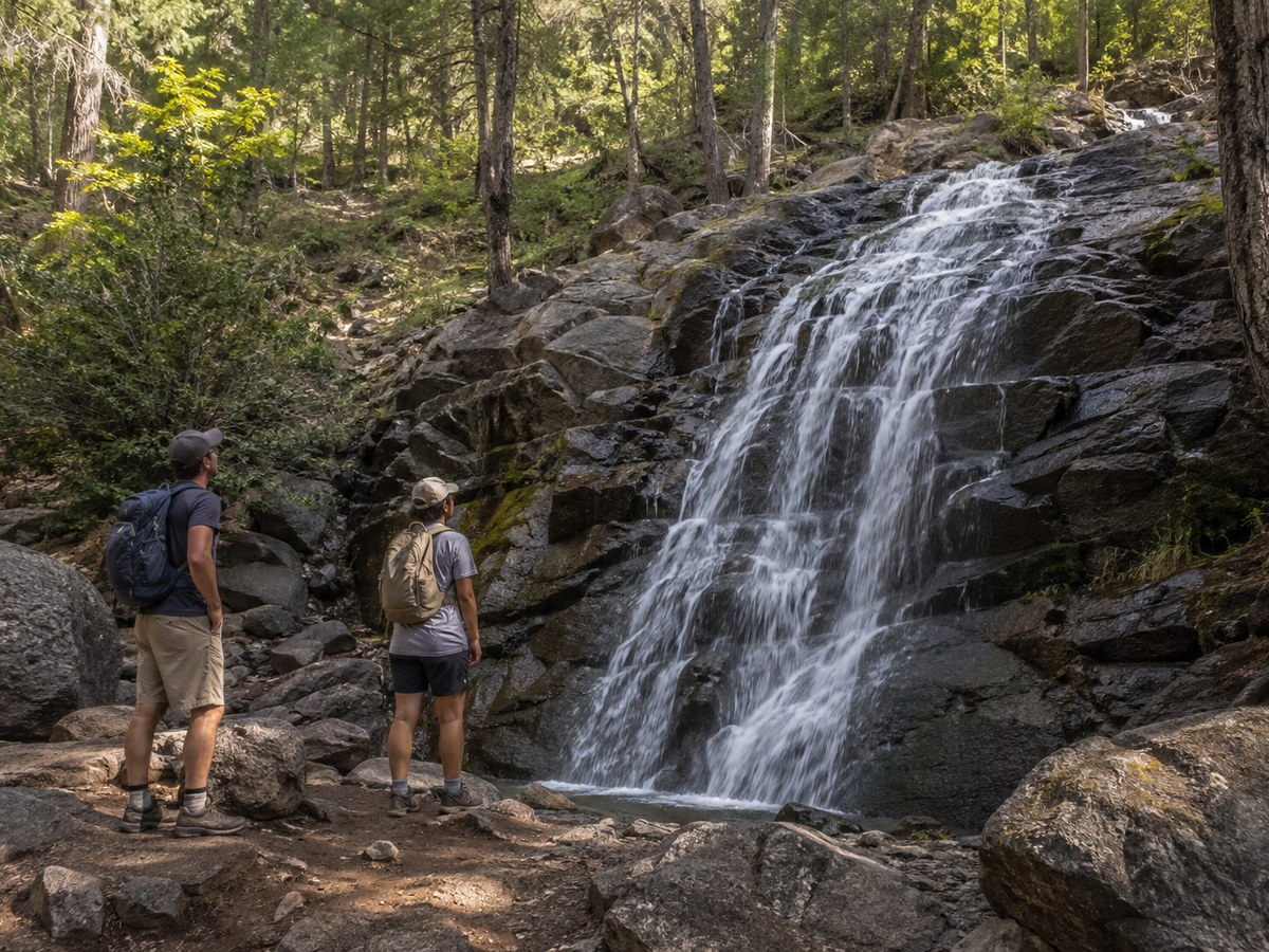 Hikers at a forest waterfall on a hidden Mount Shasta trail