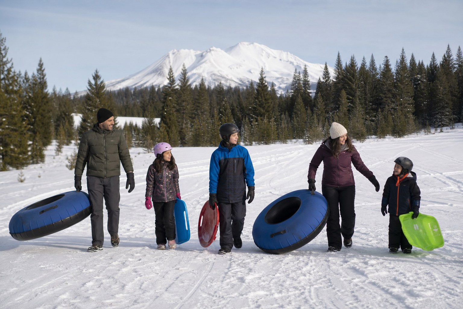 A family walking with tubes and sleds below Mount Shasta