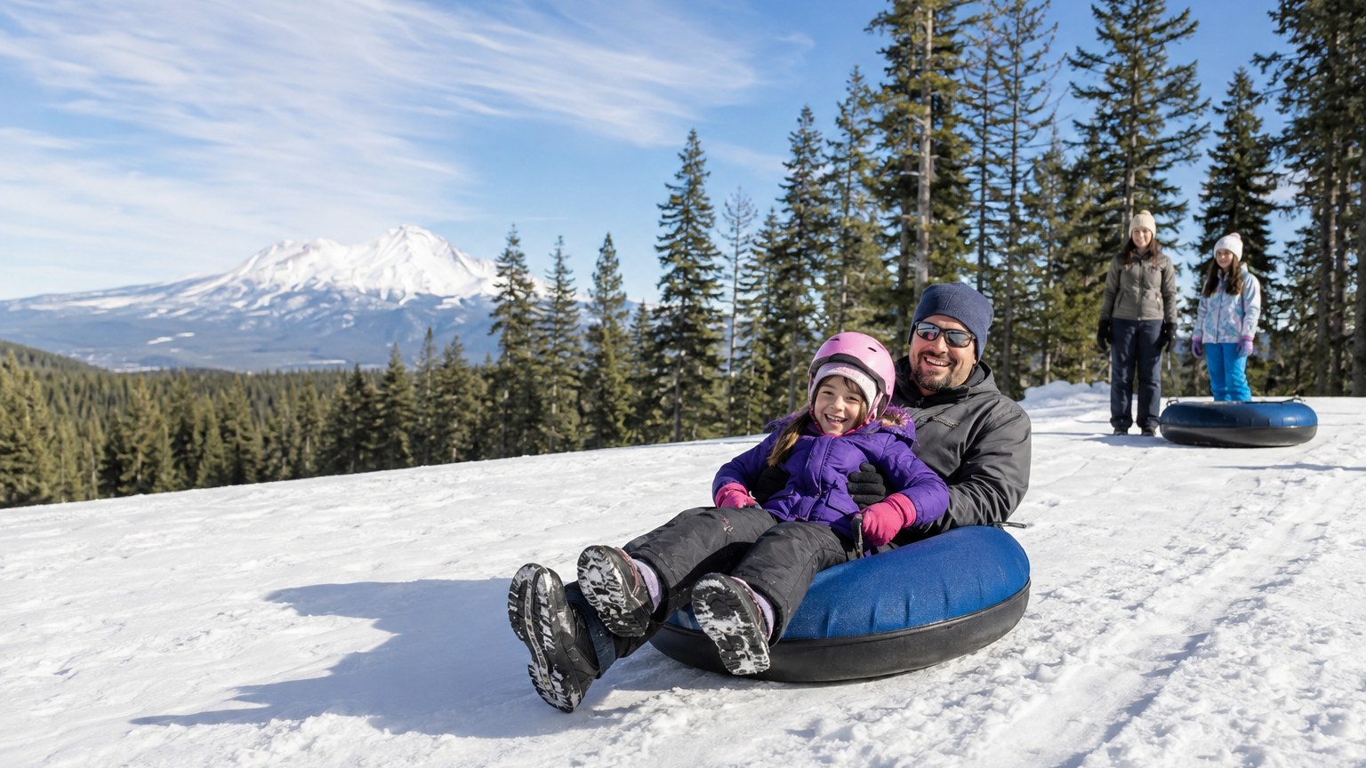 A parent and child tubing on a private snow hill near Mount Shasta