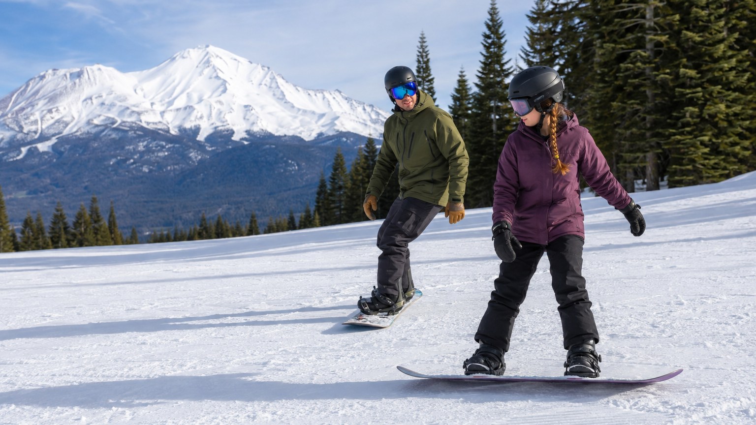 A private snowboarding instructor riding beside a student