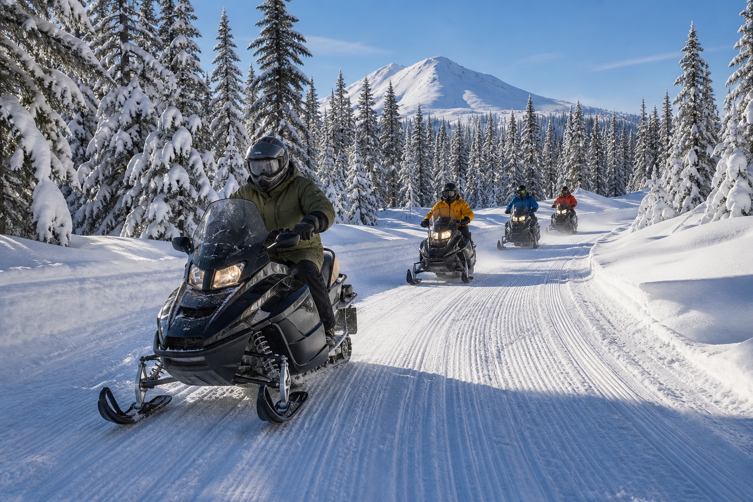 Snowmobile convoy on a Mount Shasta trail