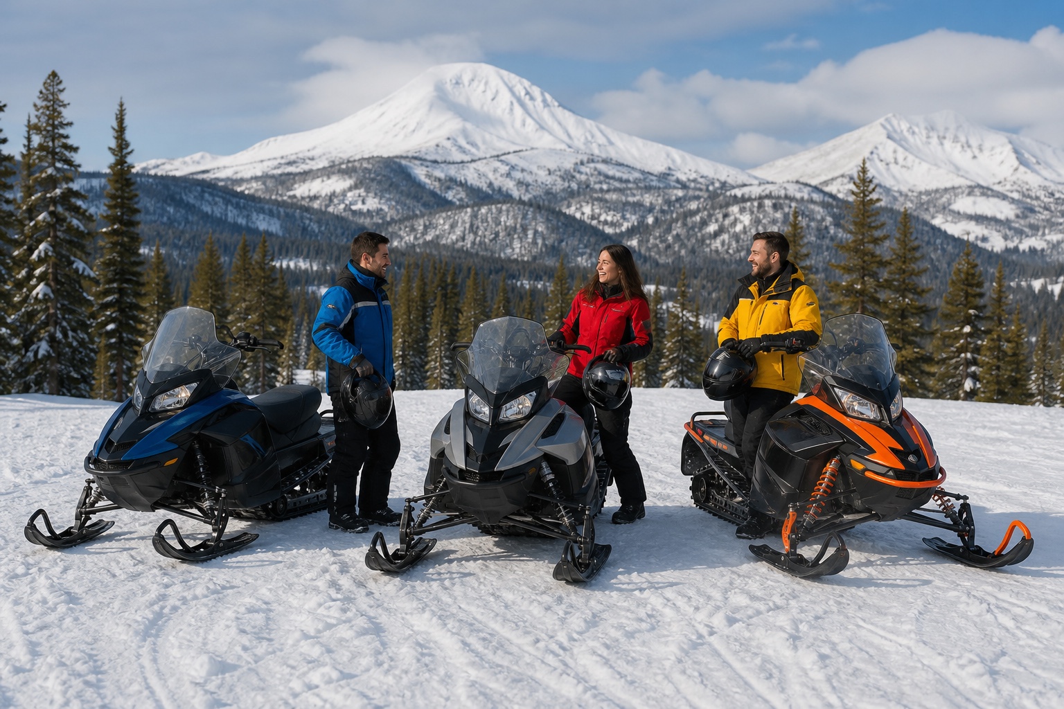 Friends resting with parked snowmobiles