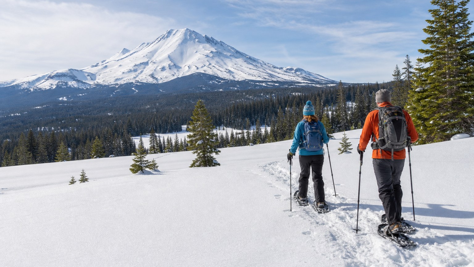 Snowshoers crossing a glade toward Mount Shasta