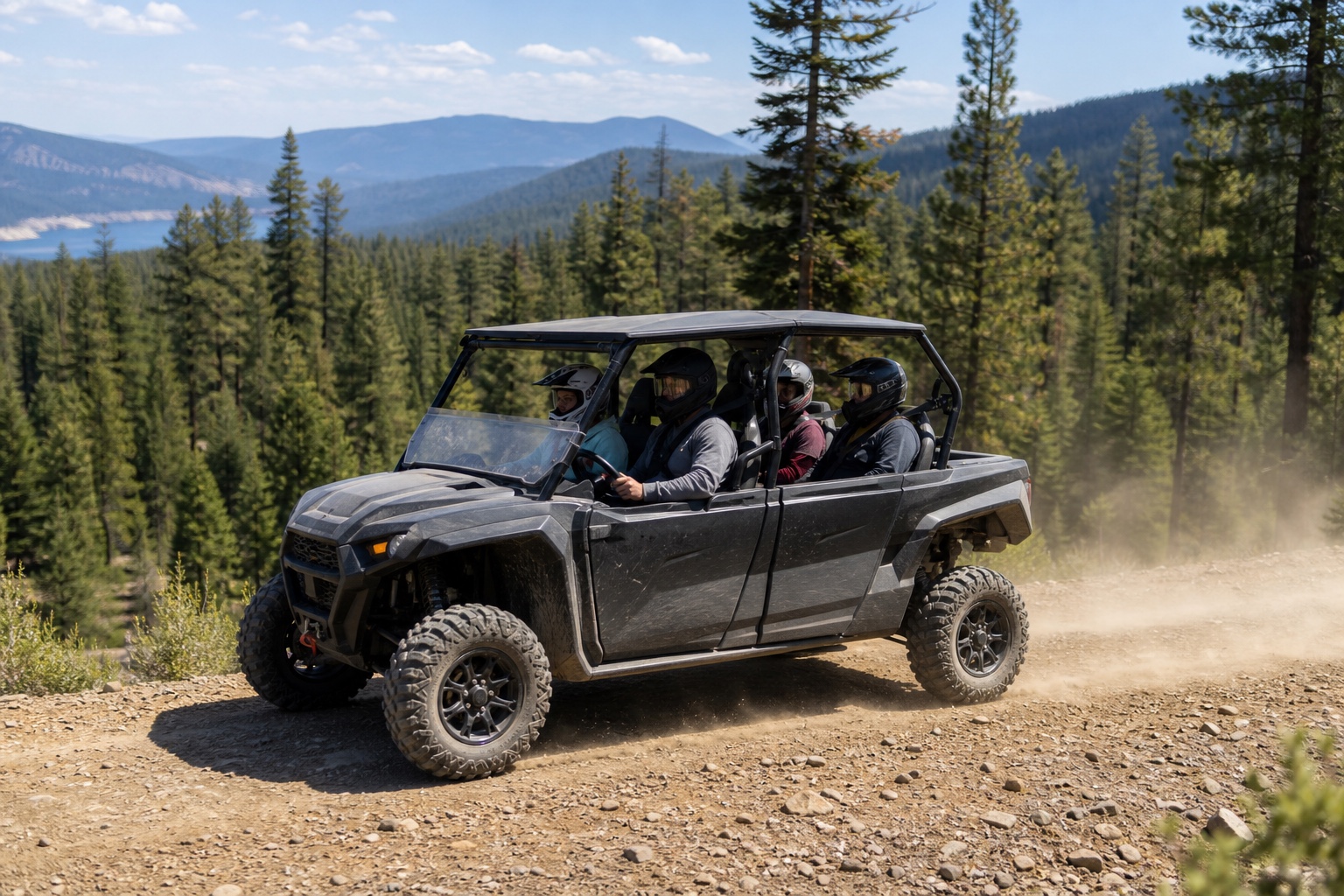 Family riding a UTV on a forest road